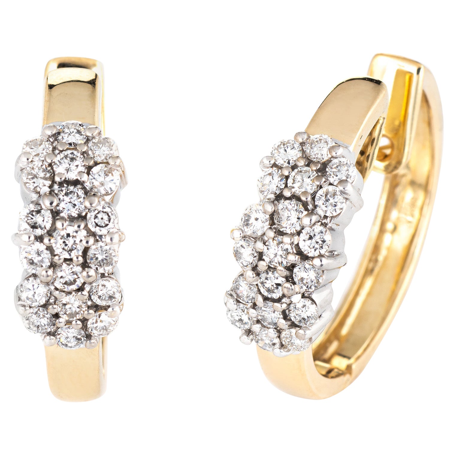 1.52ct Diamond Cluster Hoop Earrings Vintage 14k Yellow Gold Jewelry For Sale