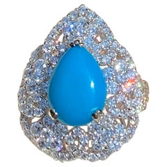 Large Pear Shaped Natural Persian Turquoise and Diamond 18 Karat Cocktail Ring