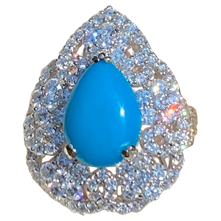 Large Pear Shaped Natural Persian Turquoise and Diamond 18 Karat Cocktail Ring For Sale