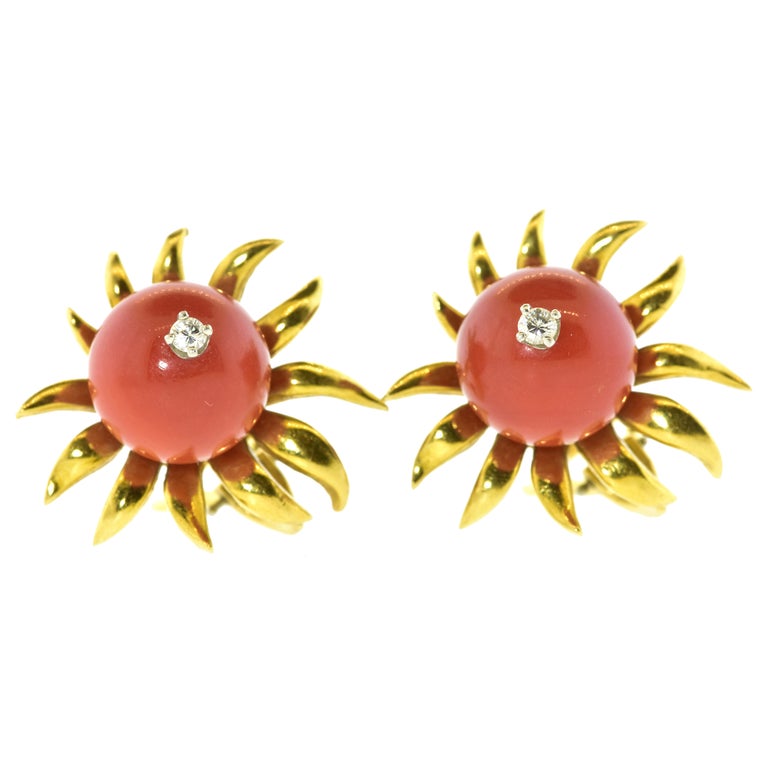 Jean Schlumberger 18K Gold, Diamond and Coral unusual Earrings, circa 1960. For Sale