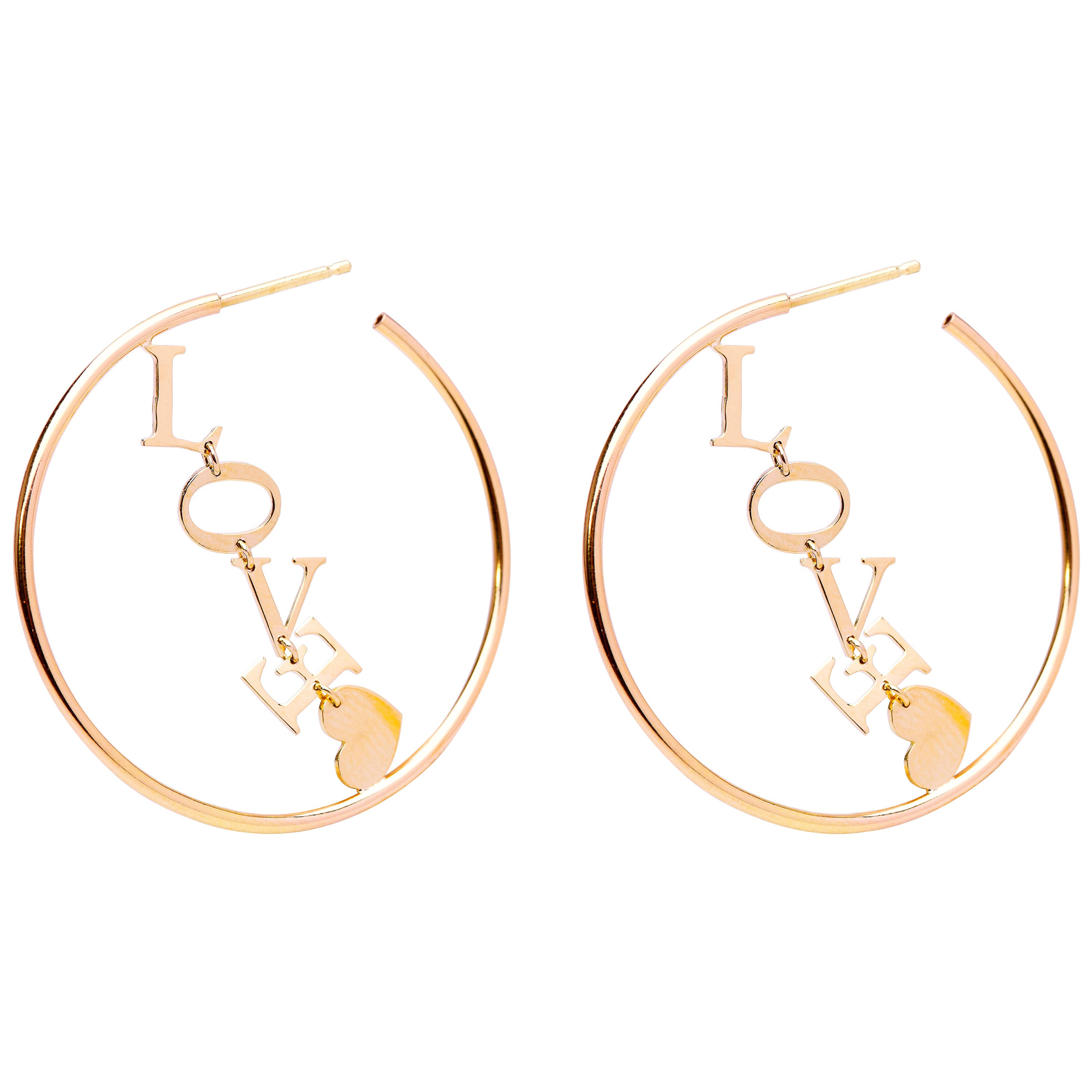 Boucles d'oreilles cercles Love en or jaune 18 carats avec lettres, design artisanal