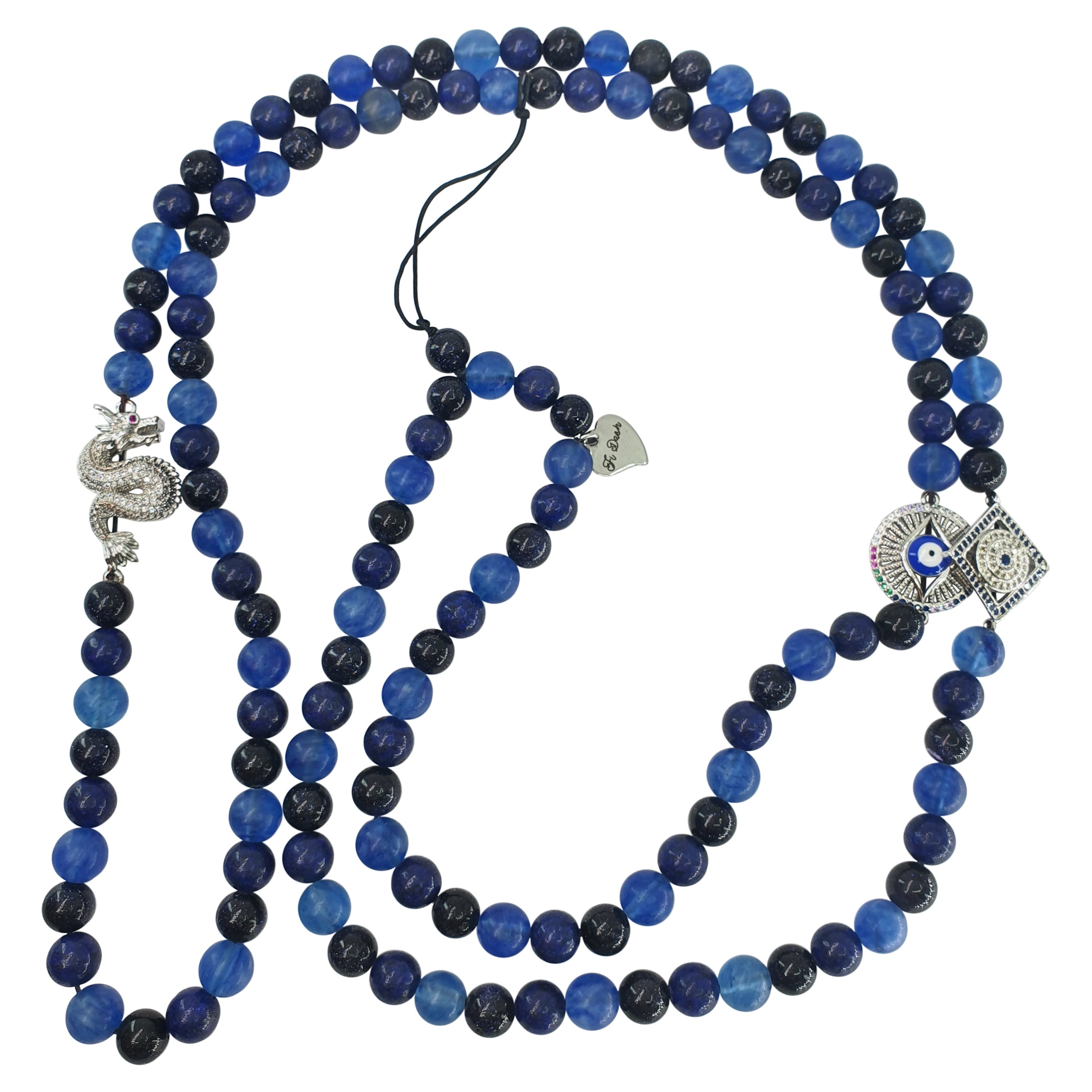 Pierre de sable bleue, lapis-lazuli et perles bleu melon avec 3 breloques