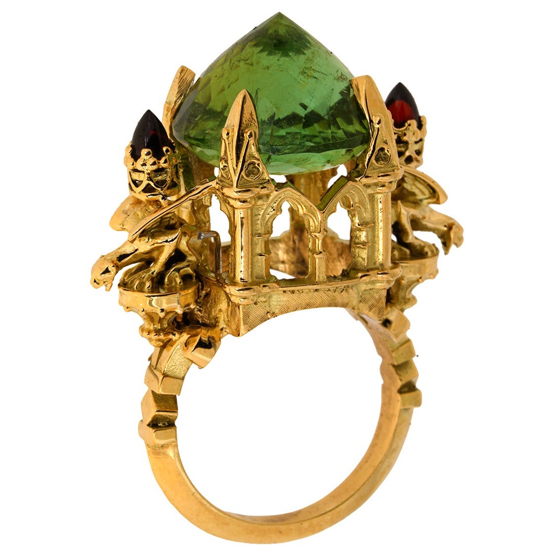 La Muse Verte Cathedral Ring 18kt Yellow Gold, Green Tourmaline & Garnet