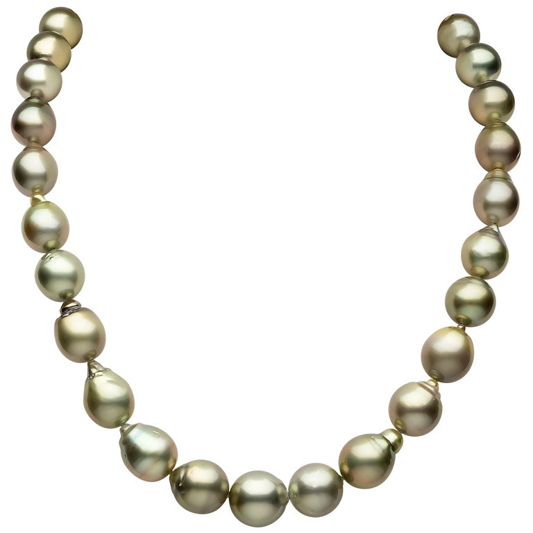 Yoko London Baroque Pistachio Coloured Tahitian Pearl Necklace in 18K Gold For Sale