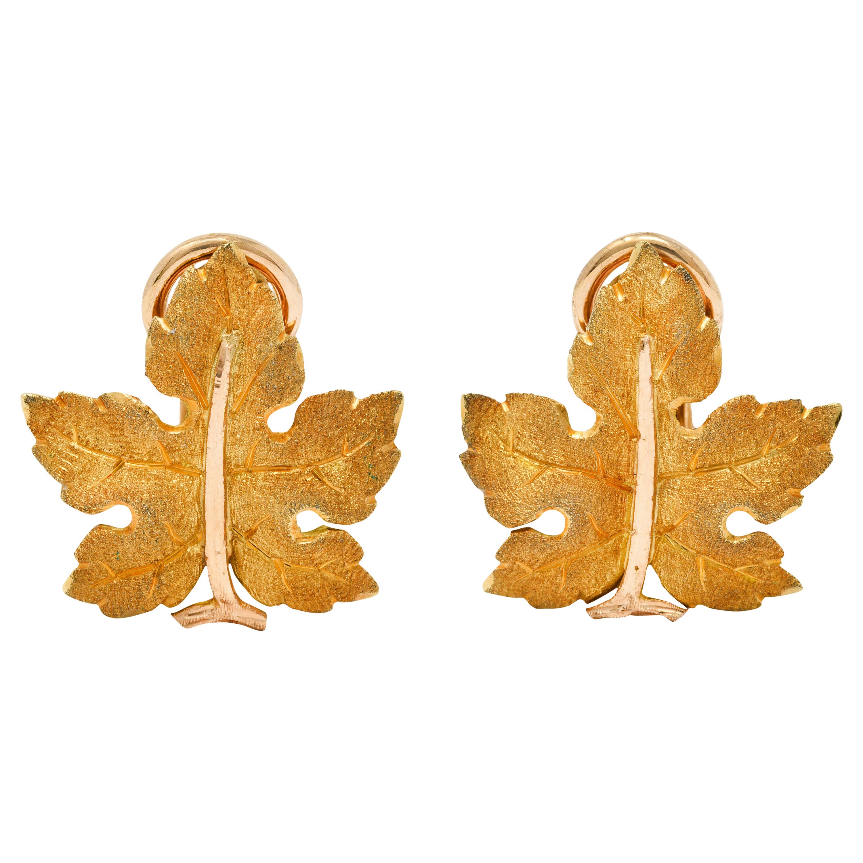 Buccellati 1970's Italian 18 Karat Two-Tone Gold Maple Leaf Earrings