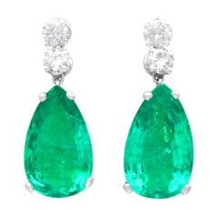 Antique 15.51 Carat Colombian Emerald and 1.12 Carat Diamond Platinum Drop Earrings