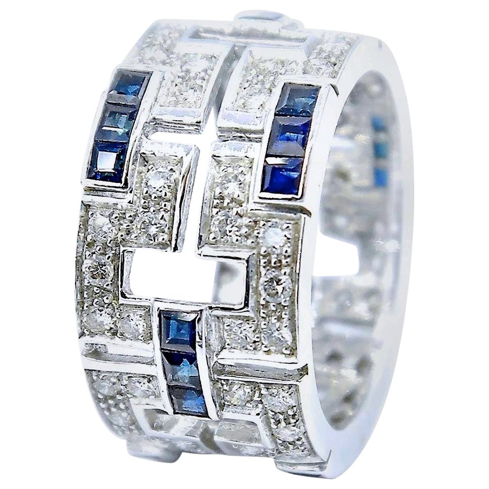 Diamond and Sapphire Meander Pattern 18 Karat White Gold Band Ring For Sale