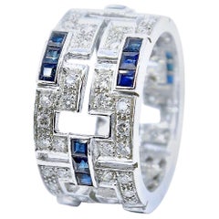 Diamond and Sapphire Meander Pattern 18 Karat White Gold Band Ring