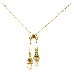 1905 Art Nouveau Peridot Pearl 14 Karat Gold Negligee Lariat Necklace