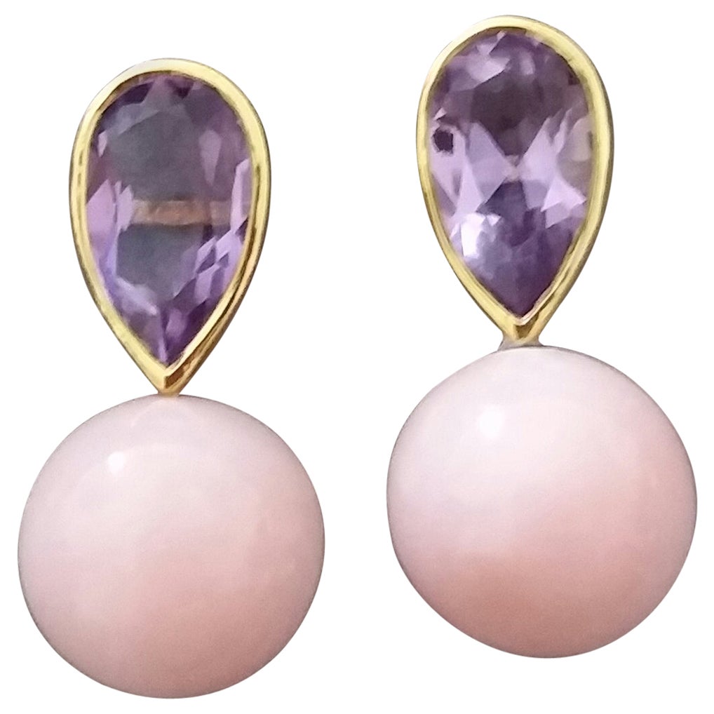 Clous d'oreilles en or avec améthystes en forme de poire de 4,55 carats et perles rondes en opale rose avec chaton