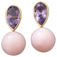 4.55 Carat Pear Shape Amethysts Gold Bezel Pink Opal Round Beads Stud Earrings