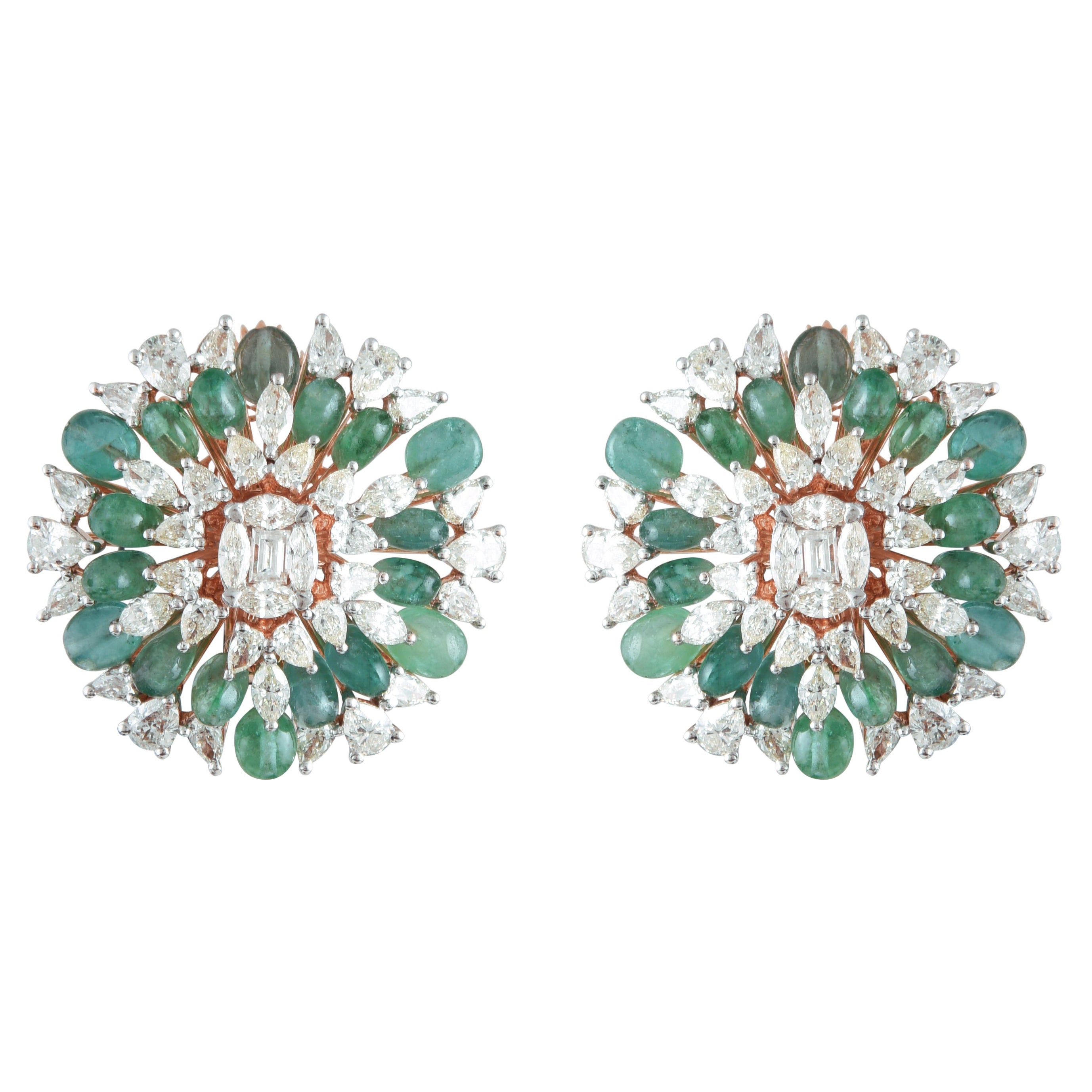 14 Karat Emerald White Diamond Stud Earrings