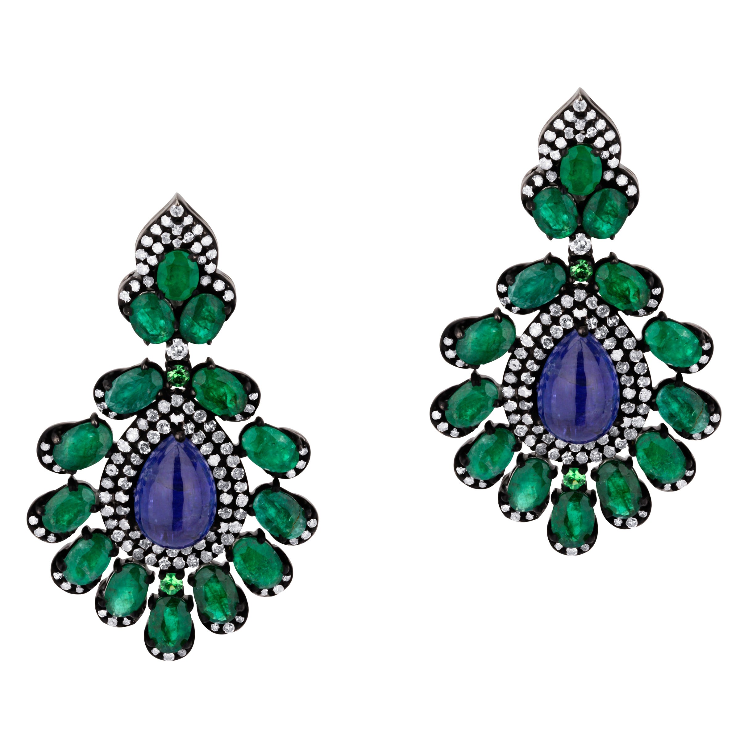 Emerald and Tanzanite Victorian Earrings with Diamond For Sale