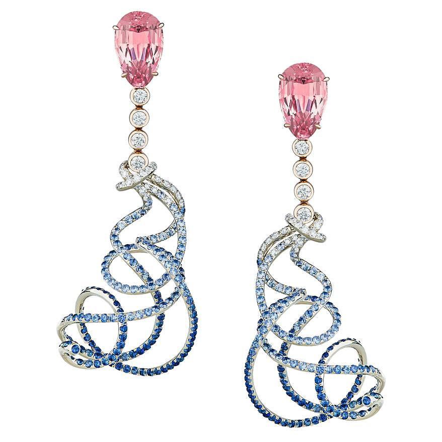 Neha Dani Blue Sapphire, Pink Pear Shape Tourmaline and Diamond Elpeeda Earrings For Sale