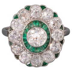 3 Carats Diamonds and Emeralds French Antique Ring