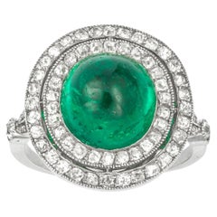 Art Deco Colombian Cabochon Emerald and Diamond Cluster Ring