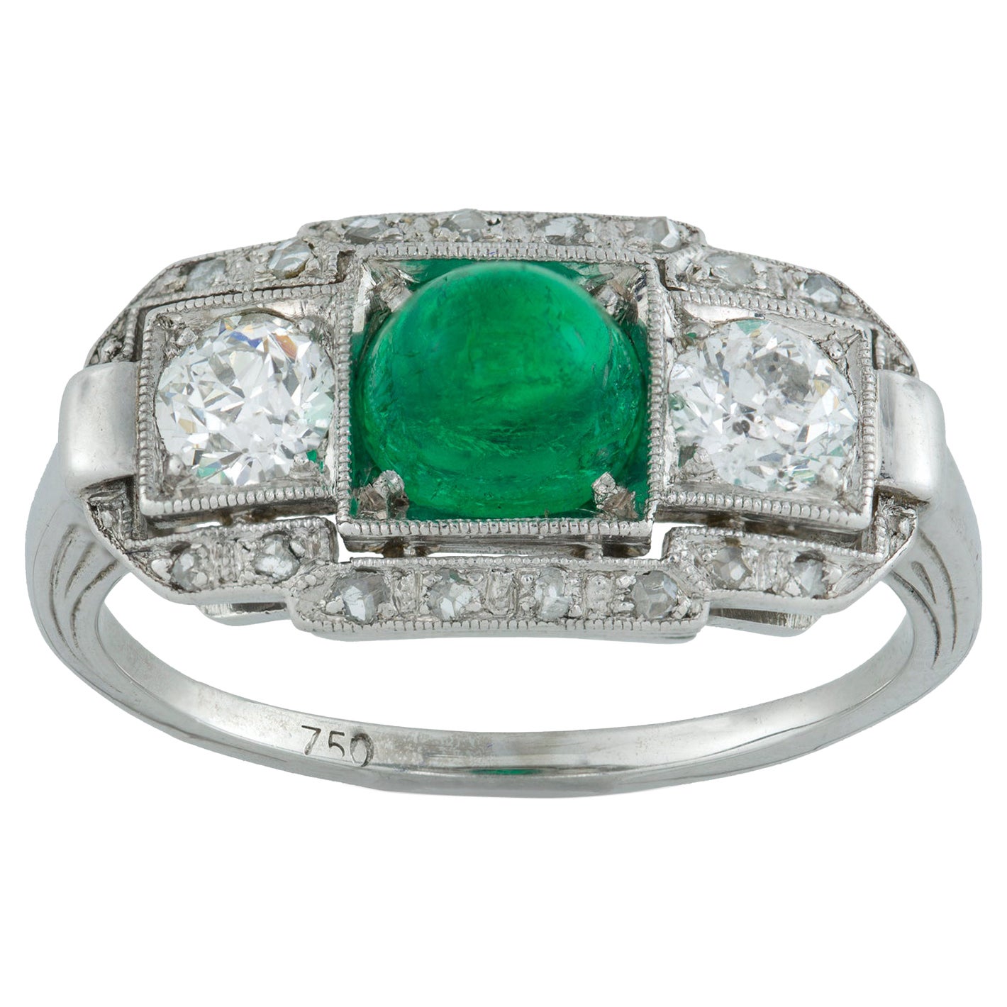 Art Deco Cabochon Emerald and Diamond Ring For Sale