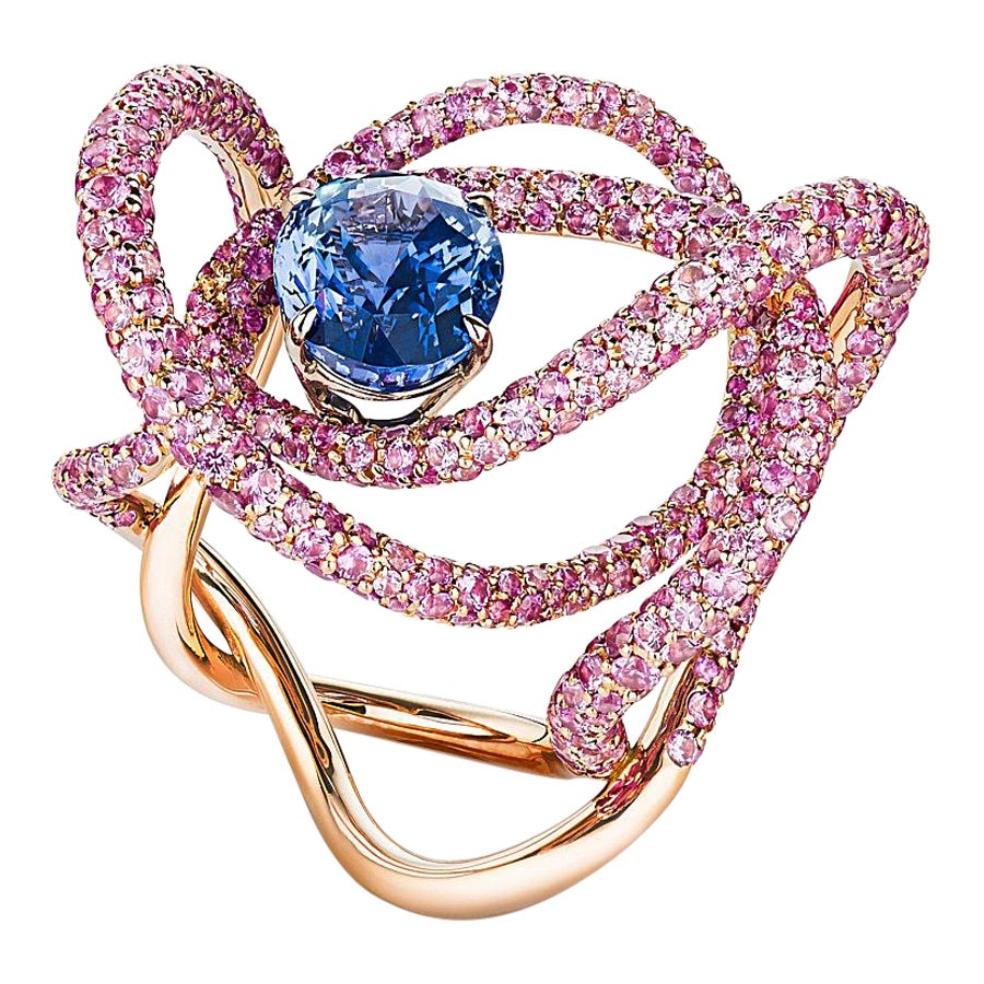 Neha Dani Blue Natural Sapphire with Round Pink Sapphire in Rose Gold Kephi Ring
