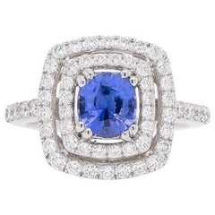 Blue Sapphire Ring 1.07 Carat with Double Diamond Halo 0.73 Carats