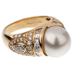 Vintage-Cocktailring aus Gelbgold mit Perlen und Diamanten von Bvlgari