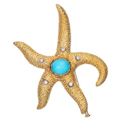 Large Starfish Brooch 18k Yellow Gold Turquoise Diamond Pin Vintage Ocean Marine