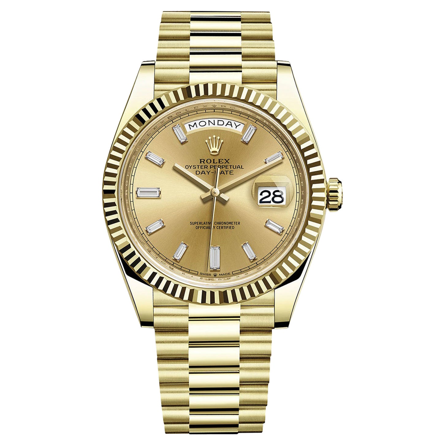 Rolex Day-Date Yellow Gold Champagne Baguette Diamond Dial President 228238