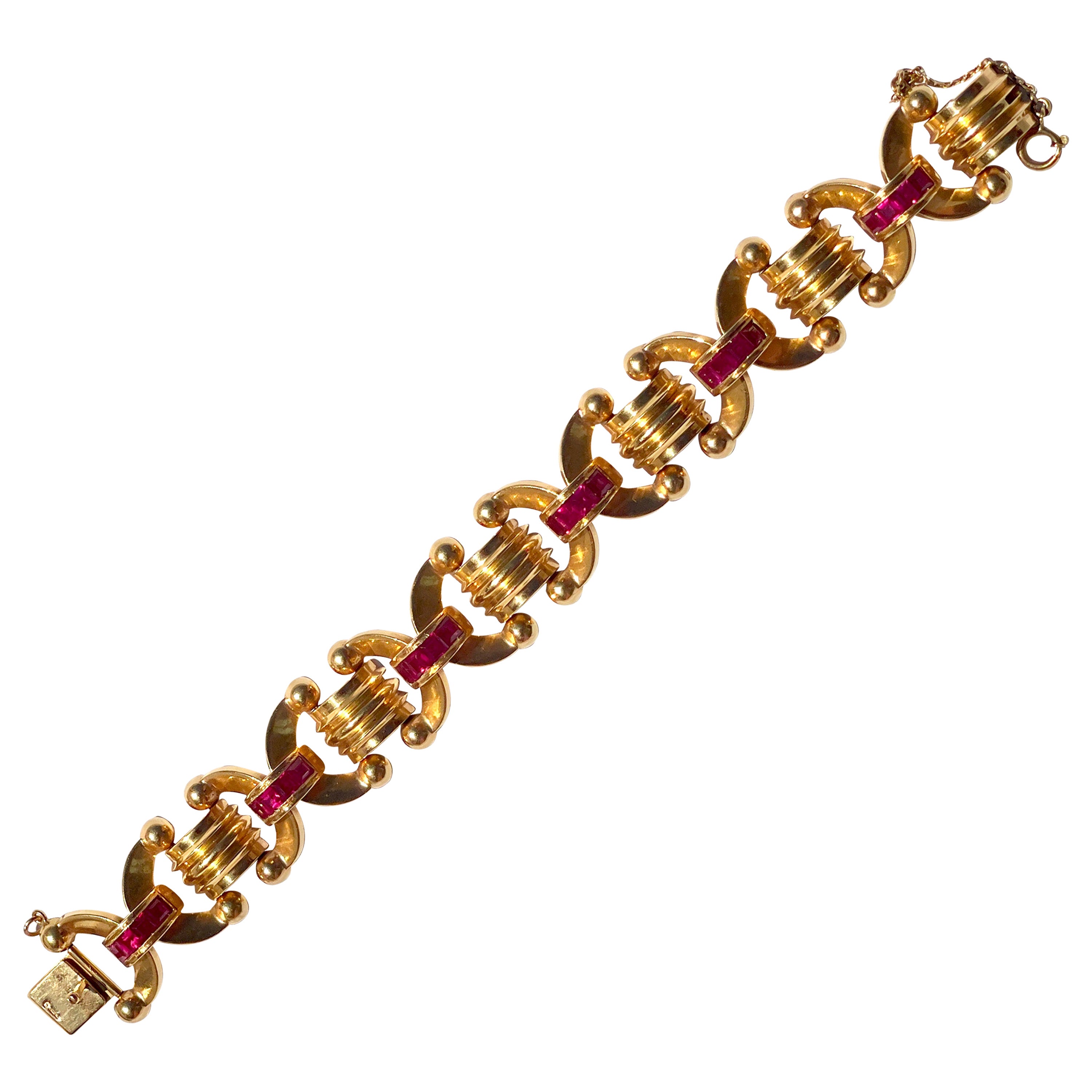 Art Deco Rubies and Yellow Gold Chain Portuguese Articulated Bracelet For Sale