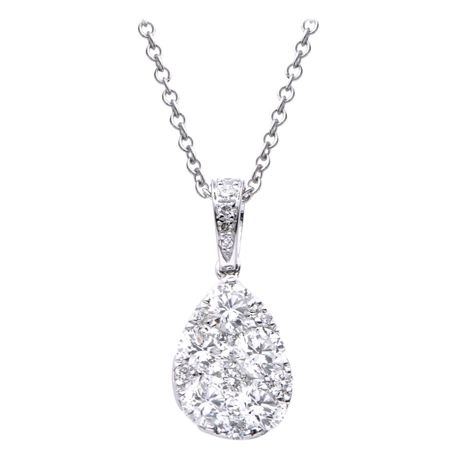 14K White Gold Drop Shape Diamond Cluster Pendant with Chain For Sale