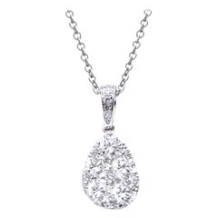 14K White Gold Drop Shape Diamond Cluster Pendant with Chain