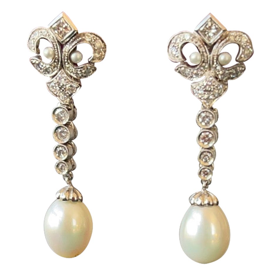 Fleur de Lys White Gold Diamonds Pearls Portuguese Gold Earrings For Sale