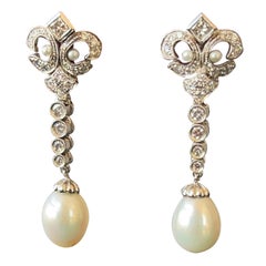 Fleur de Lys White Gold Diamonds Pearls Portuguese Gold Earrings