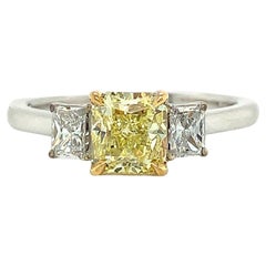Three Stone Fancy Yellow & White Diamond Ring in 18K Gold