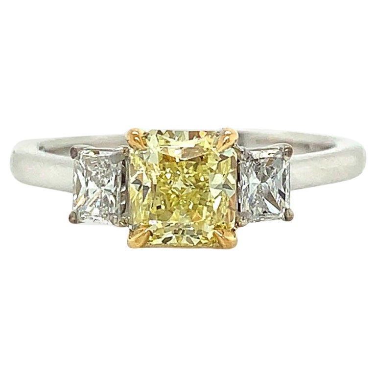 Three Stone Fancy Yellow and White Diamond Ring in 18K Gold For Sale at ...