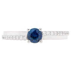 Round Blue Sapphire Solitaire Ring 18K White Gold and Diamonds