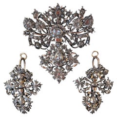 Antique Set Demi-Parure Diamonds Gold Portuguese 1700s Set Earrings and Brooch Pendant