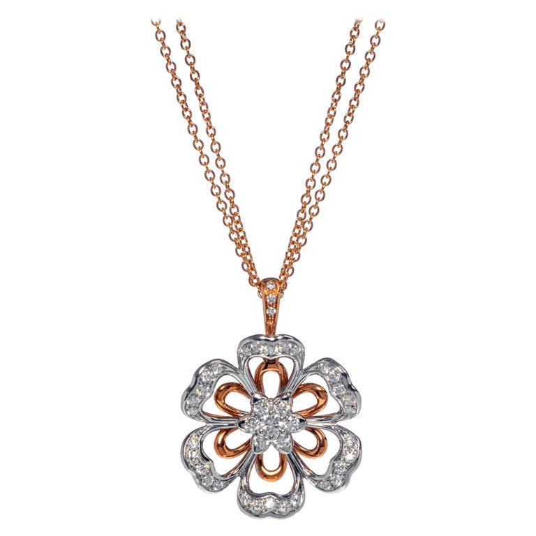 Luca Carati 18K Rose and White Gold Diamond Flower Pendant Necklace 1 ...