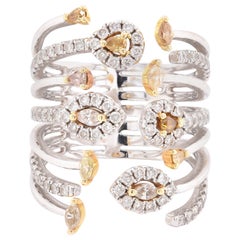 18 Karat White Gold Fancy Yellow, Champagne and White Diamond Wide Fashion Ring