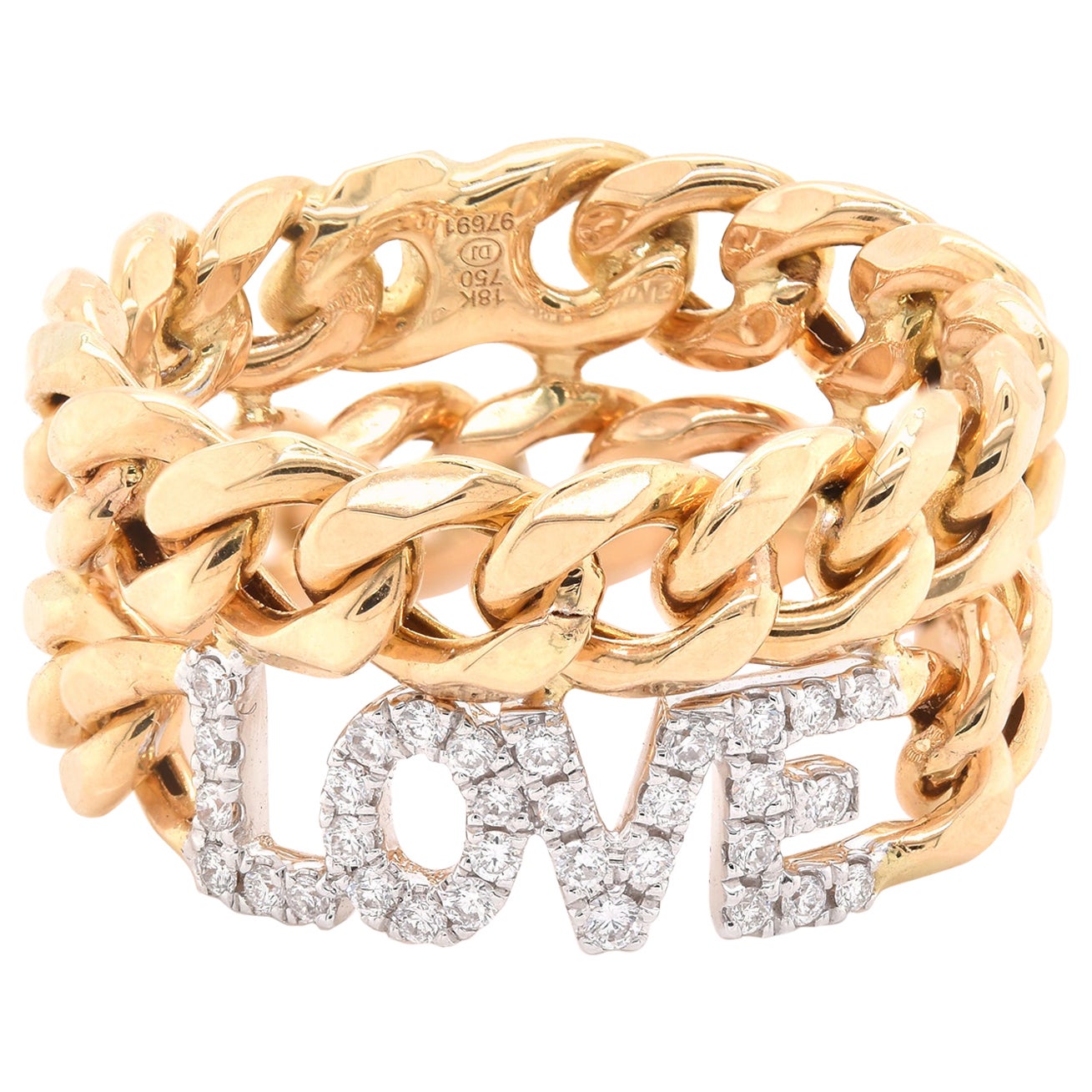 18 Karat Yellow Gold Cuban Link Diamond Love Two Row Ring For Sale