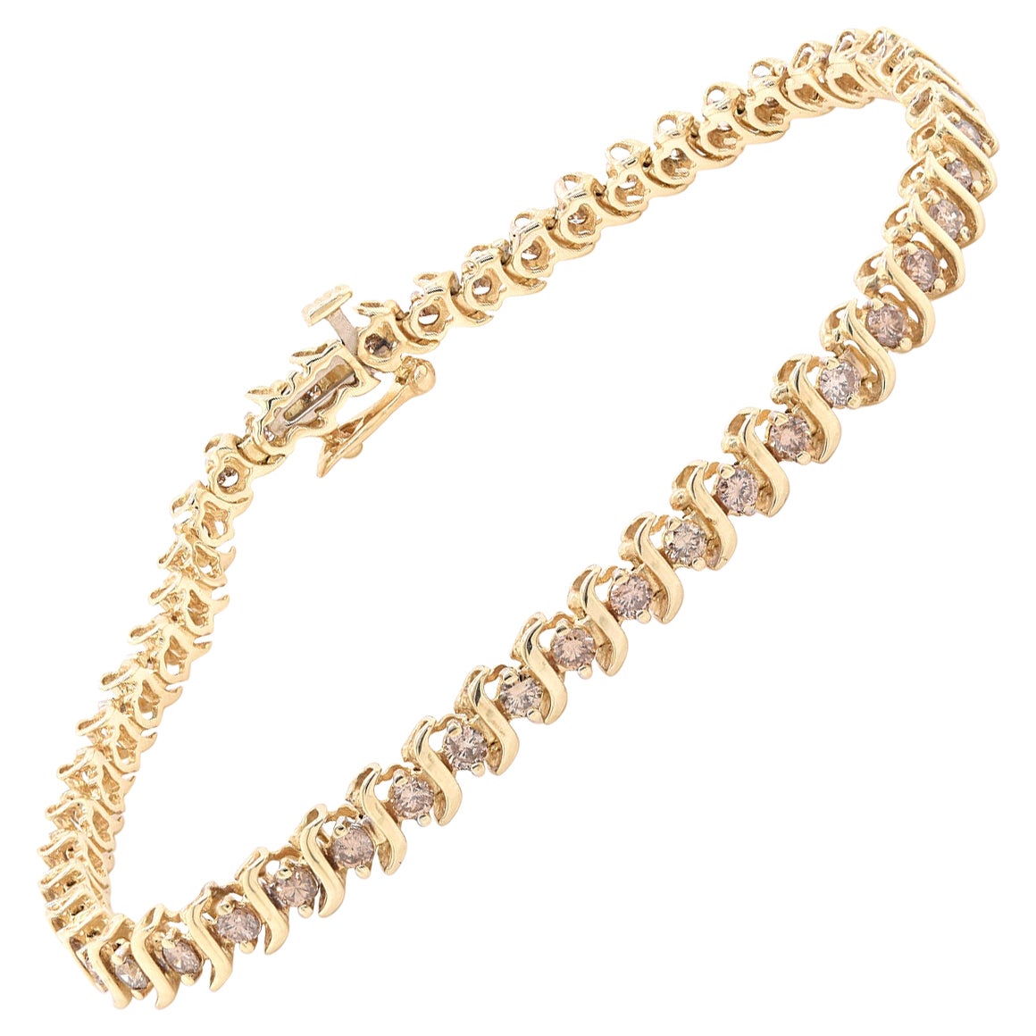 14 Karat Yellow Gold Diamond S Link Tennis Bracelet For Sale
