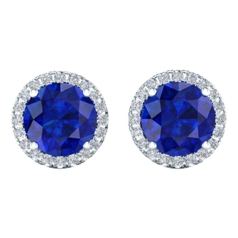 2 Carats Blue Sapphires in Platinum Diamond Halo Stud Earrings Screw Back Post For Sale