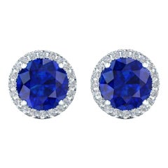 2 Carats Blue Sapphires in Platinum Diamond Halo Stud Earrings Screw Back Post