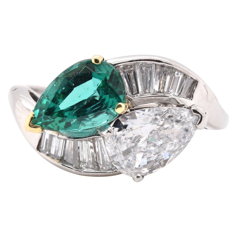 Platinum and 18 Karat Yellow Gold Diamond and Emerald Bypass Ring For ...