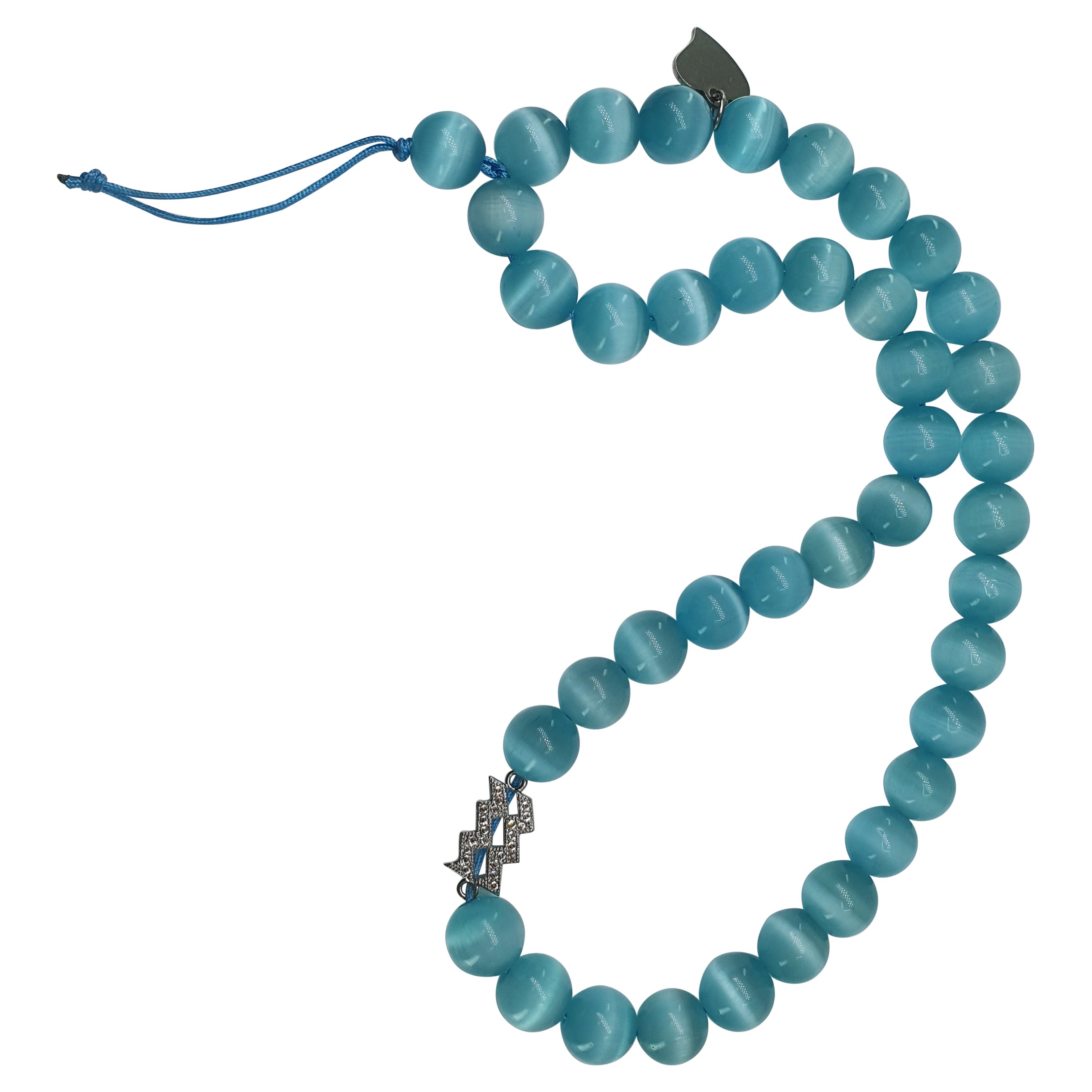Large Light Blue Cat Eye Beads Strap and Aquarius Charm For Sale