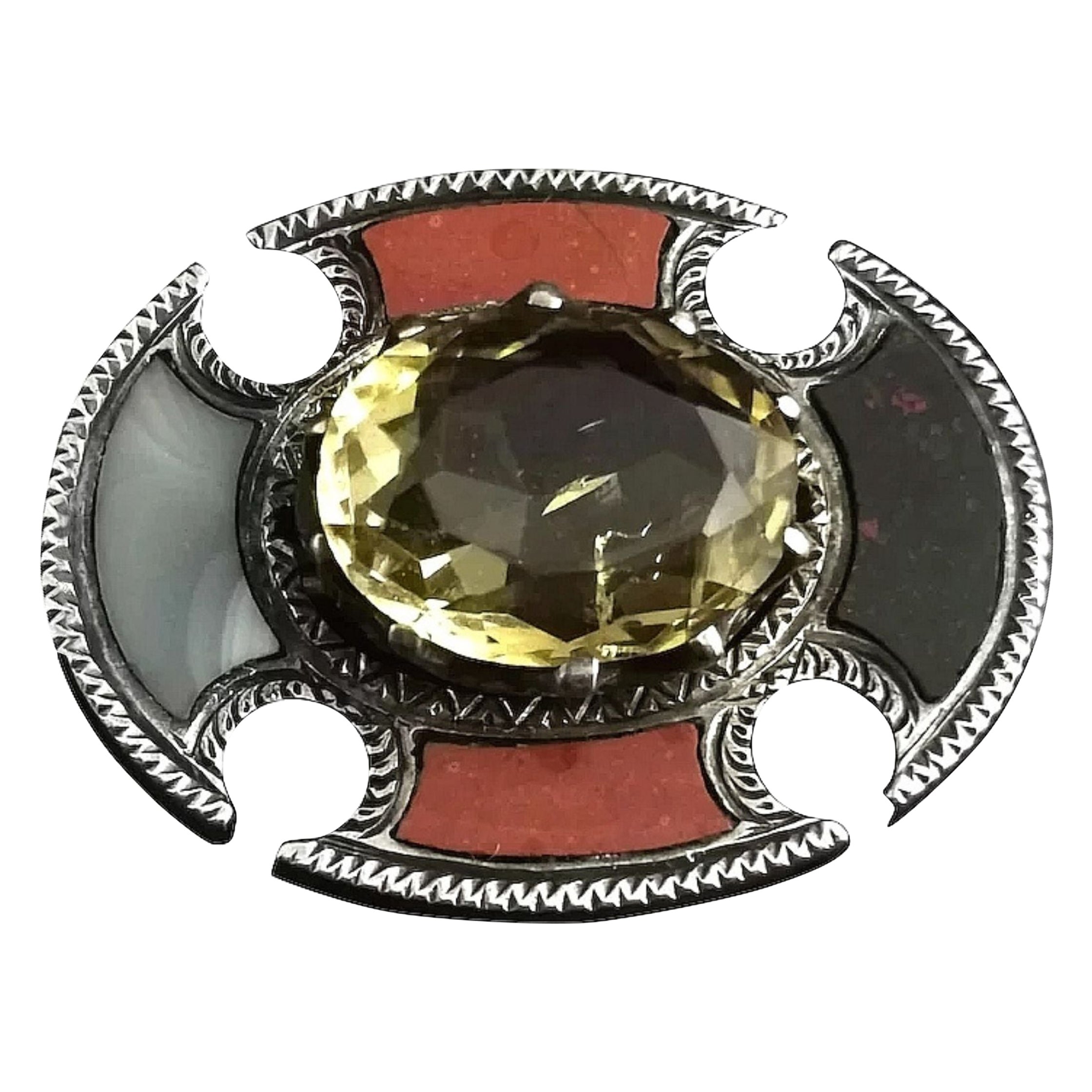 Antique Scottish Agate and Citrine Brooch, Sterling Silver