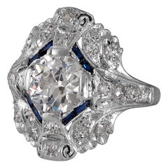Antique Art Nouveau 2.50ctw GIA Old European Cut Diamond and Blue Sapphire Platinum Ring