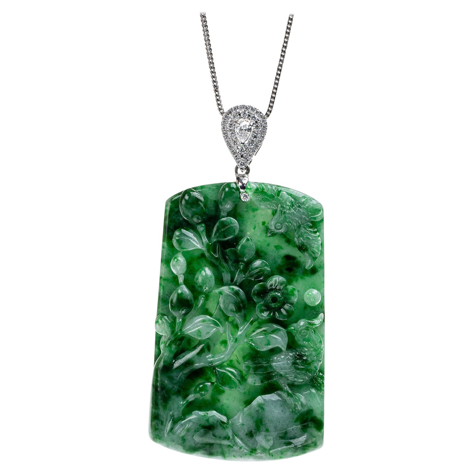 Green Jadeite Jade Flower with Birds and Diamond Pendant, Certified Untreated