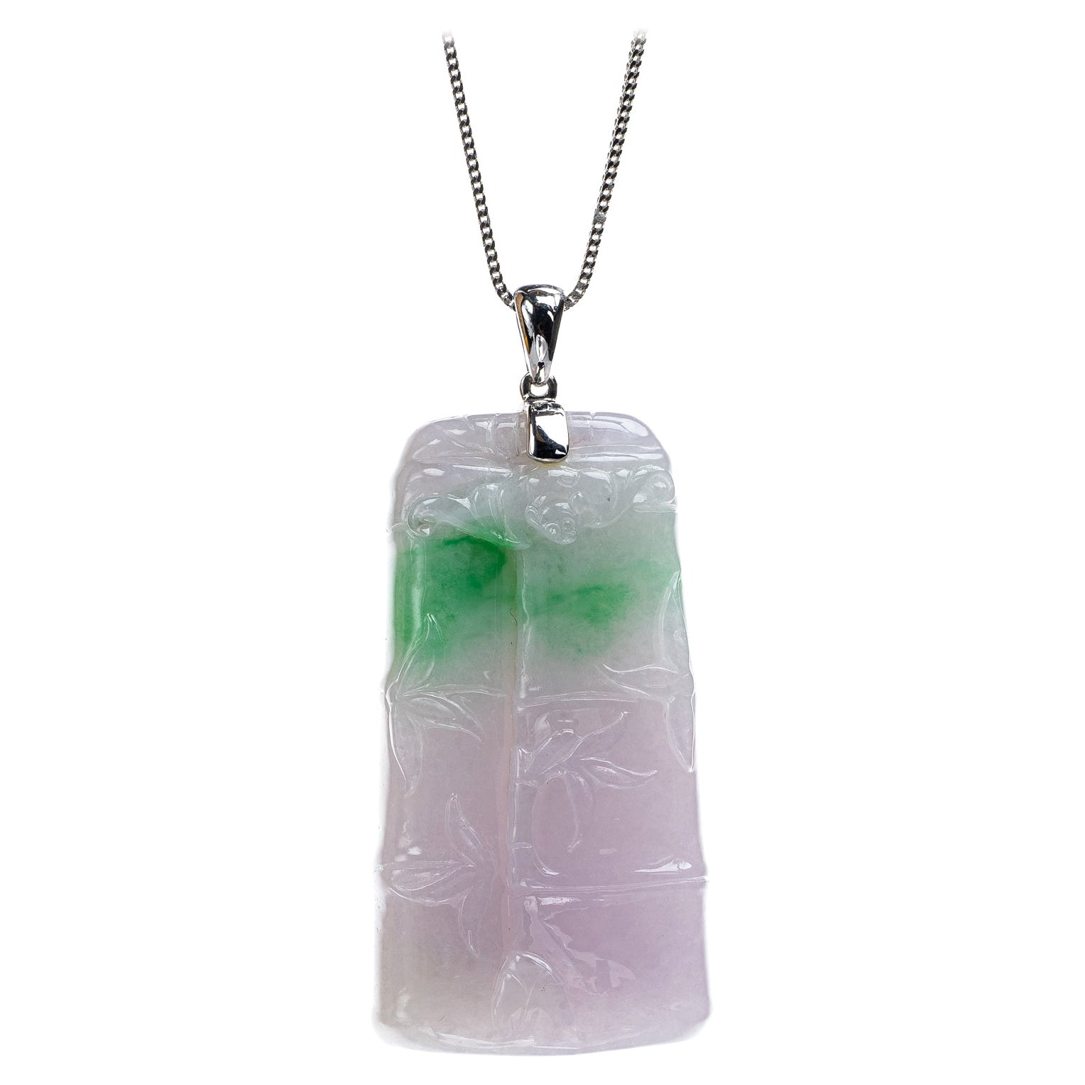 Lavender and Green Jadeite Jade Bamboo Pendant, Certified Untreated For Sale