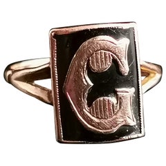 Victorian Mourning Ring, Initial C, 9 Karat Rose Gold and Black Enamel