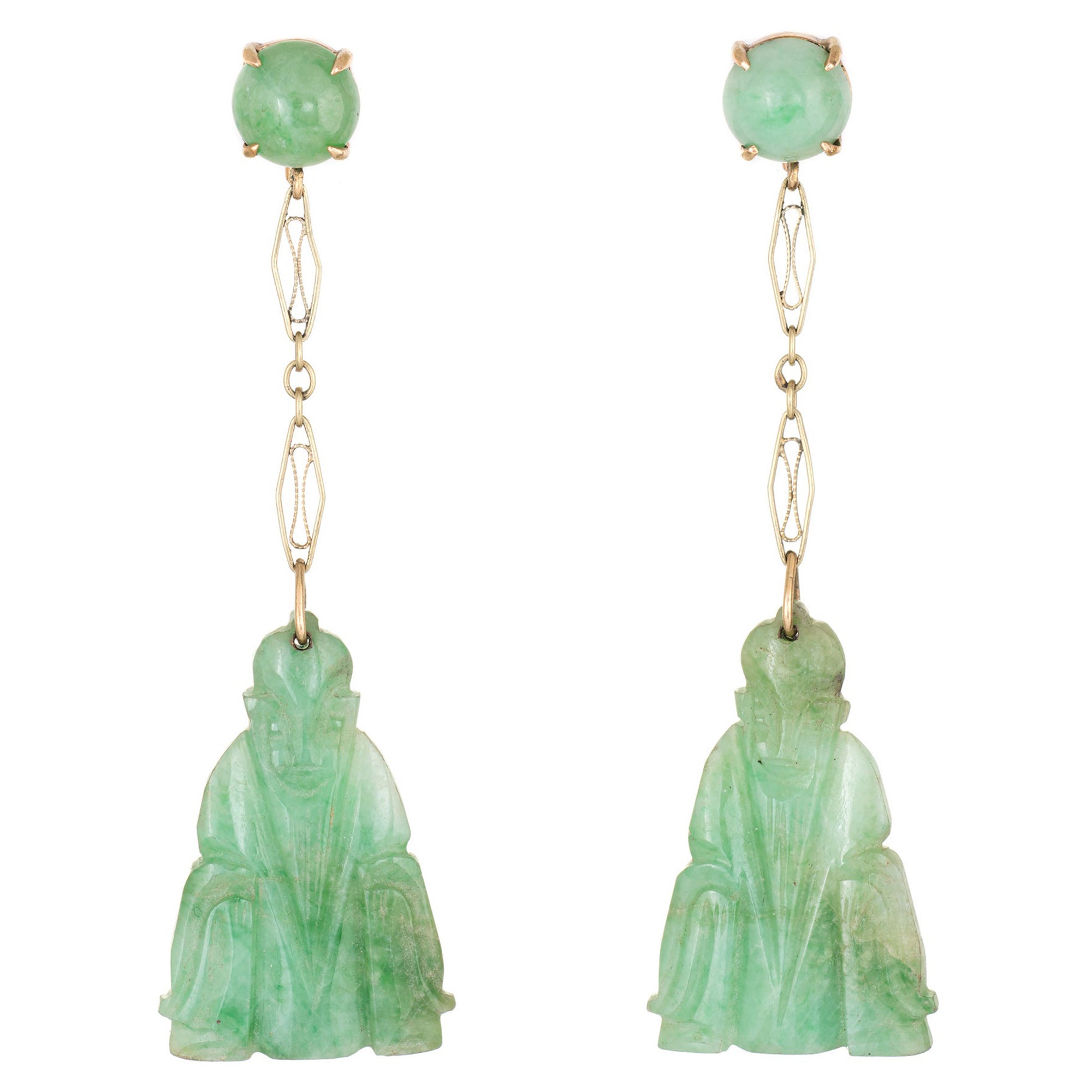 Carved Jade Buddha Earrings Vintage 14k Yellow Gold Dangle Estate Jewelry