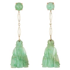 Carved Jade Buddha Earrings Vintage 14k Yellow Gold Dangle Estate Jewelry